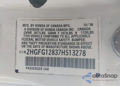 2007 Honda Civic Ex из США, поврежденный, VIN 2HGFG12837H513278